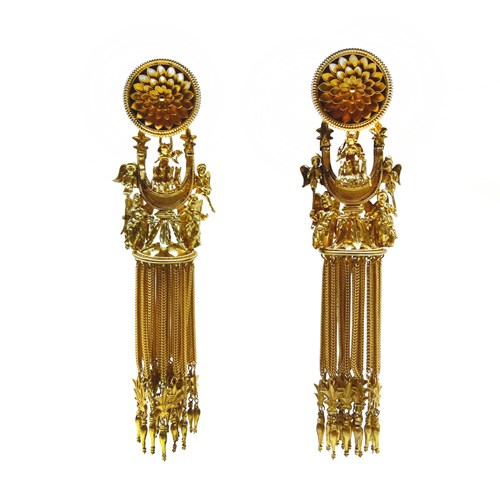 Pair of 19th century Etruscan style "Campana" sun-chariot crescent gold earrings by Castellani, Rome c.1860,